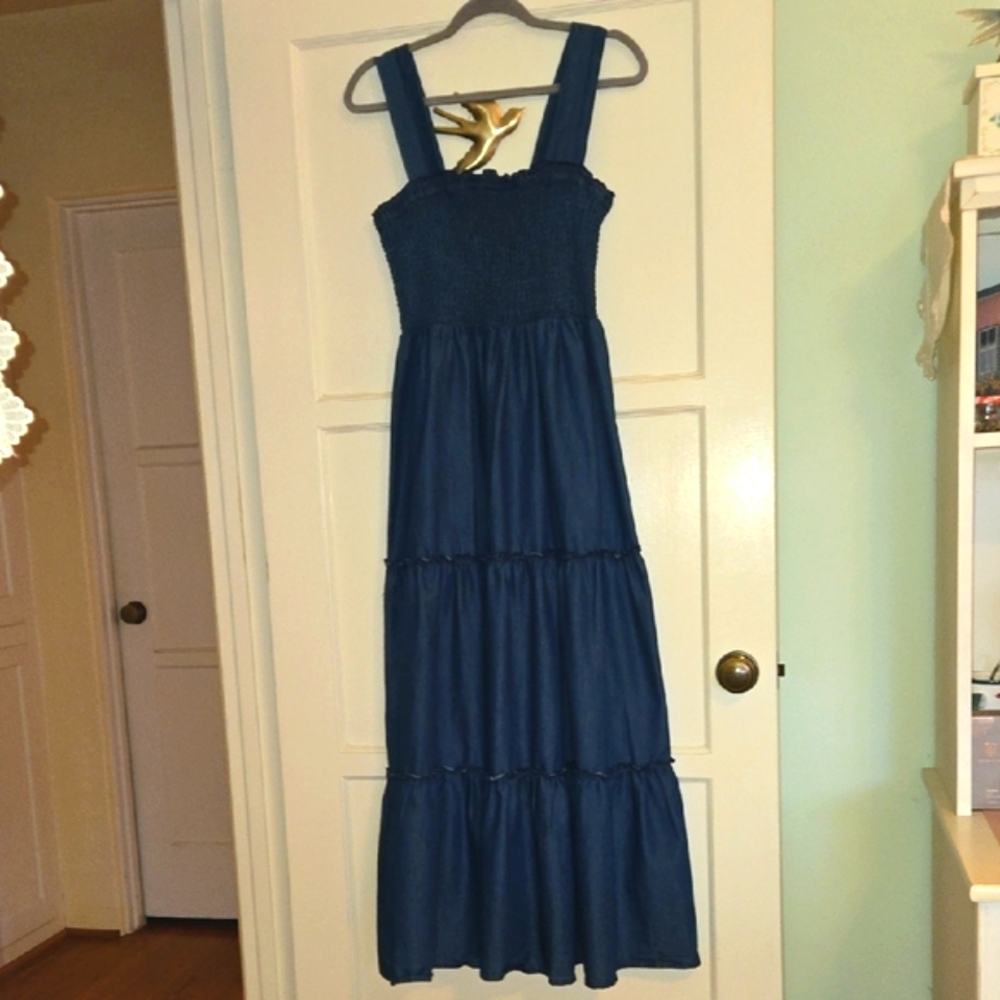 Elegant Navy Blue Dark Denim Maxi Dress